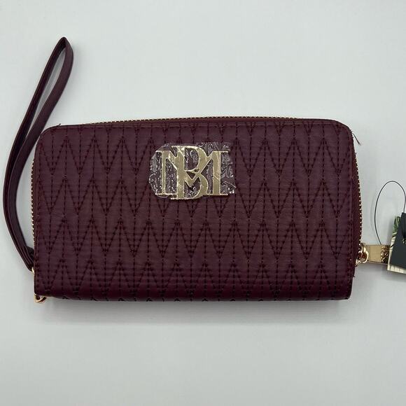 Badgley Mischka Womens Long Wallet Phone Pocket Wristlet Plum Vegan Leather NWT - Picture 1 of 14